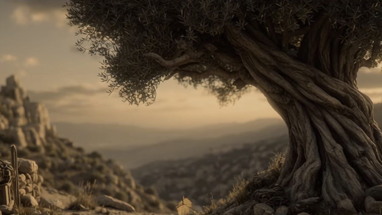 A scene from the film The Olive Tree Below — an old olive tree on a hill