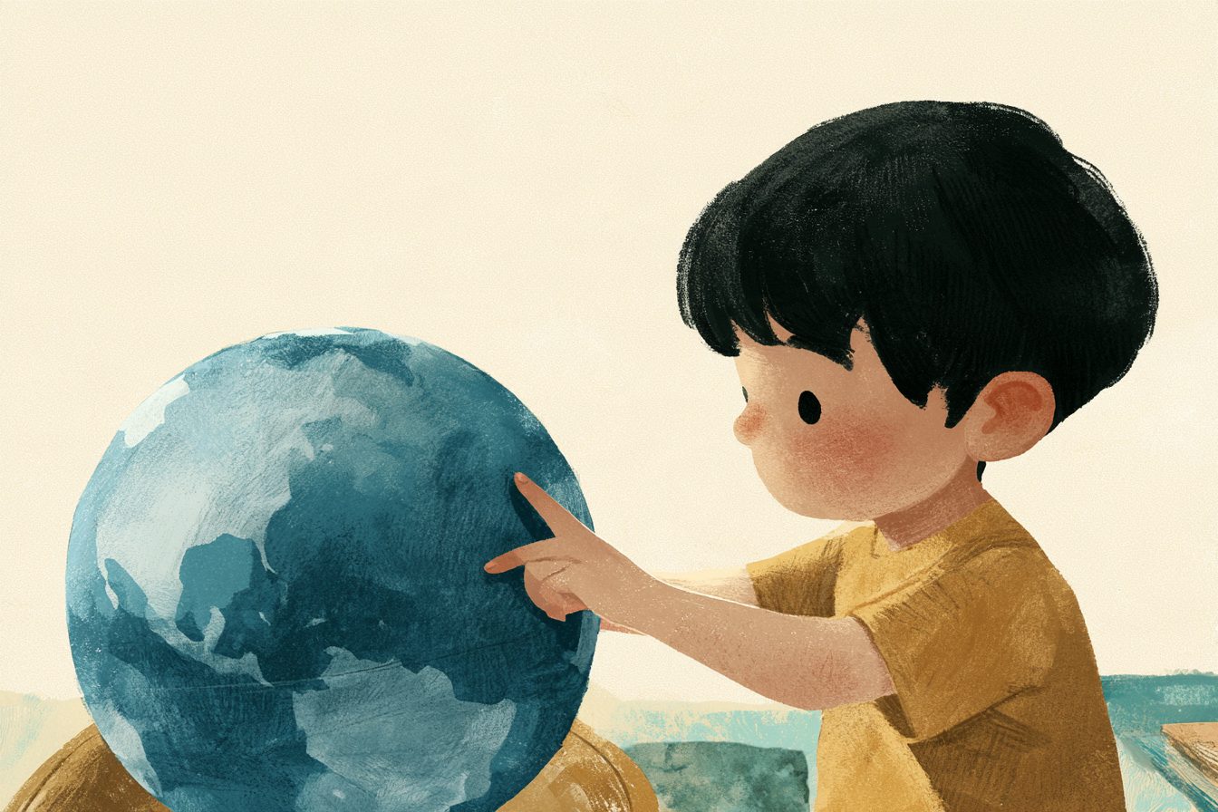 지구본을 돌리고 손가락으로 짚는 아이
