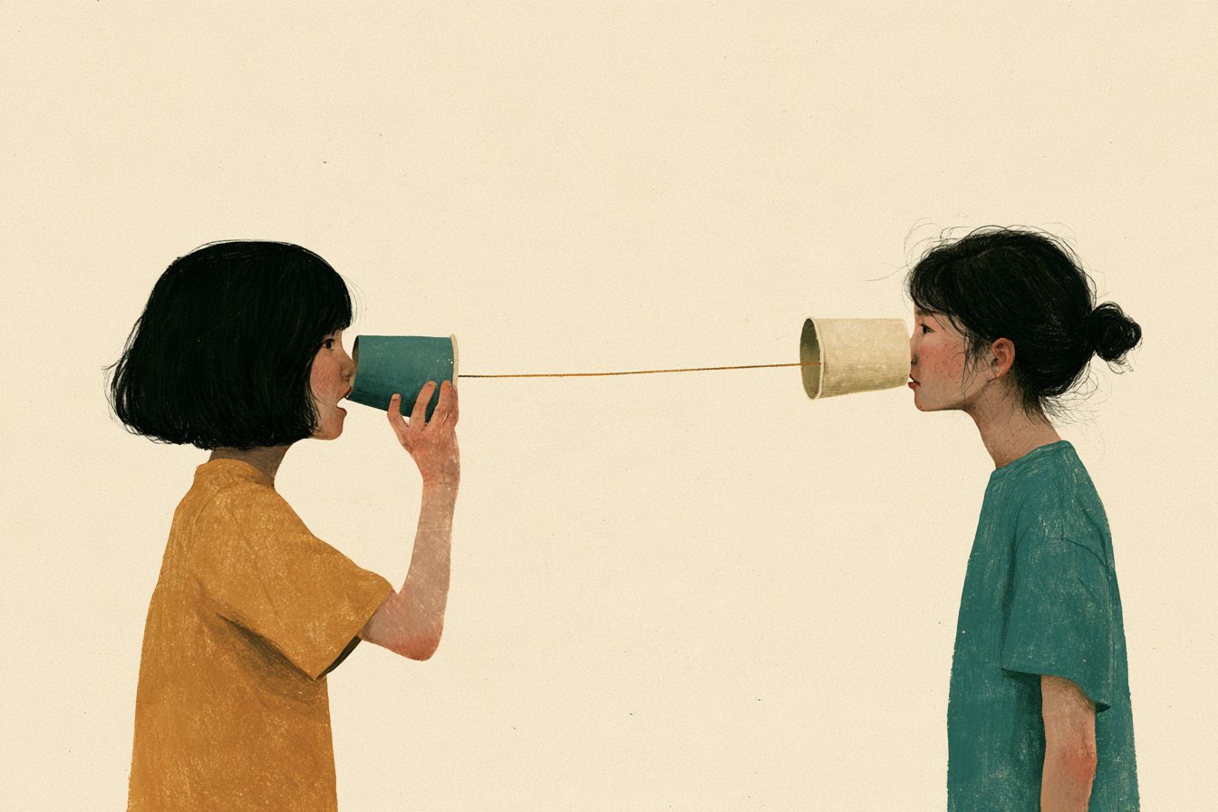 종이컵 실 전화기로 이야기하는 두 아이