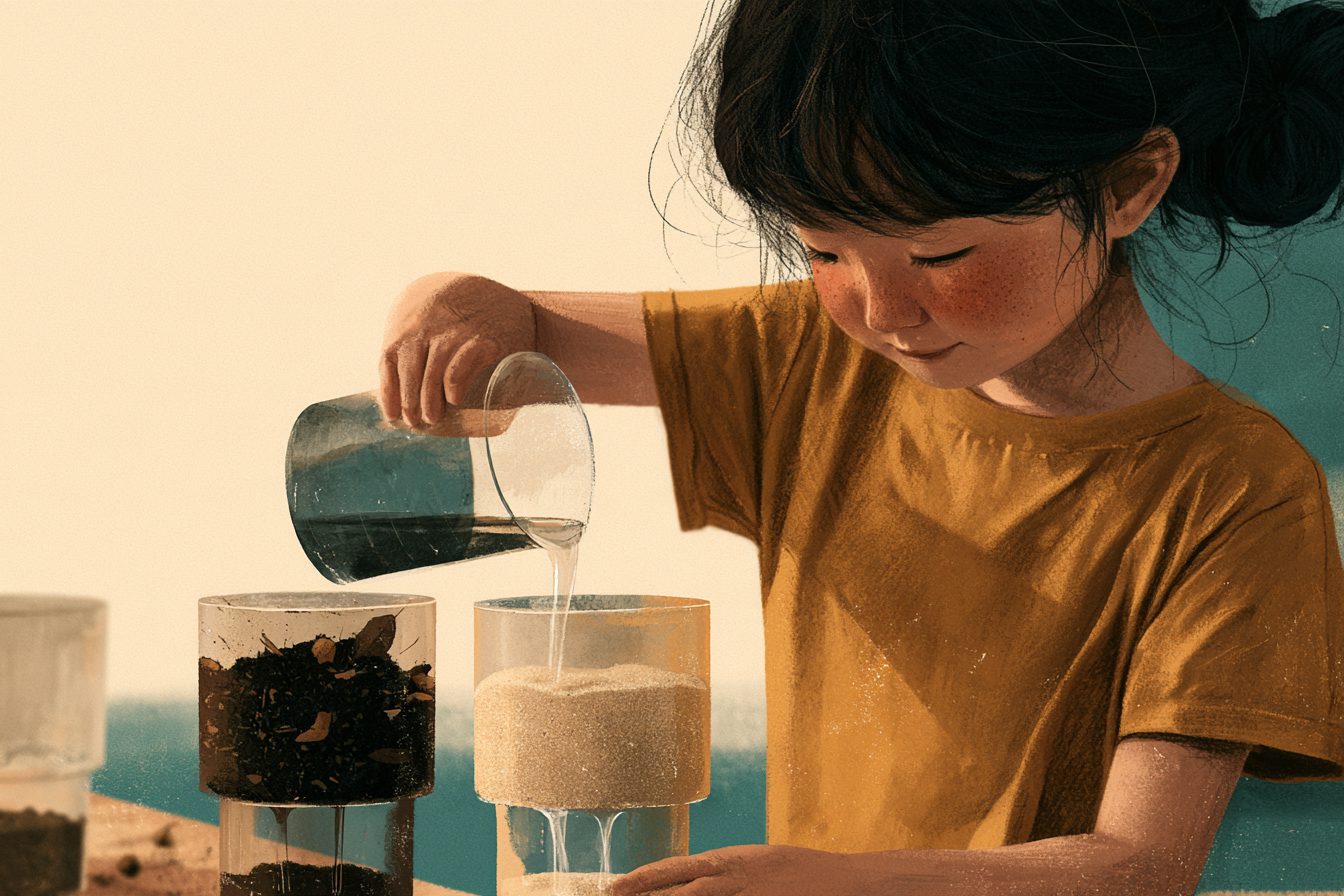 두 컵의 흙에 물을 붓는 아이