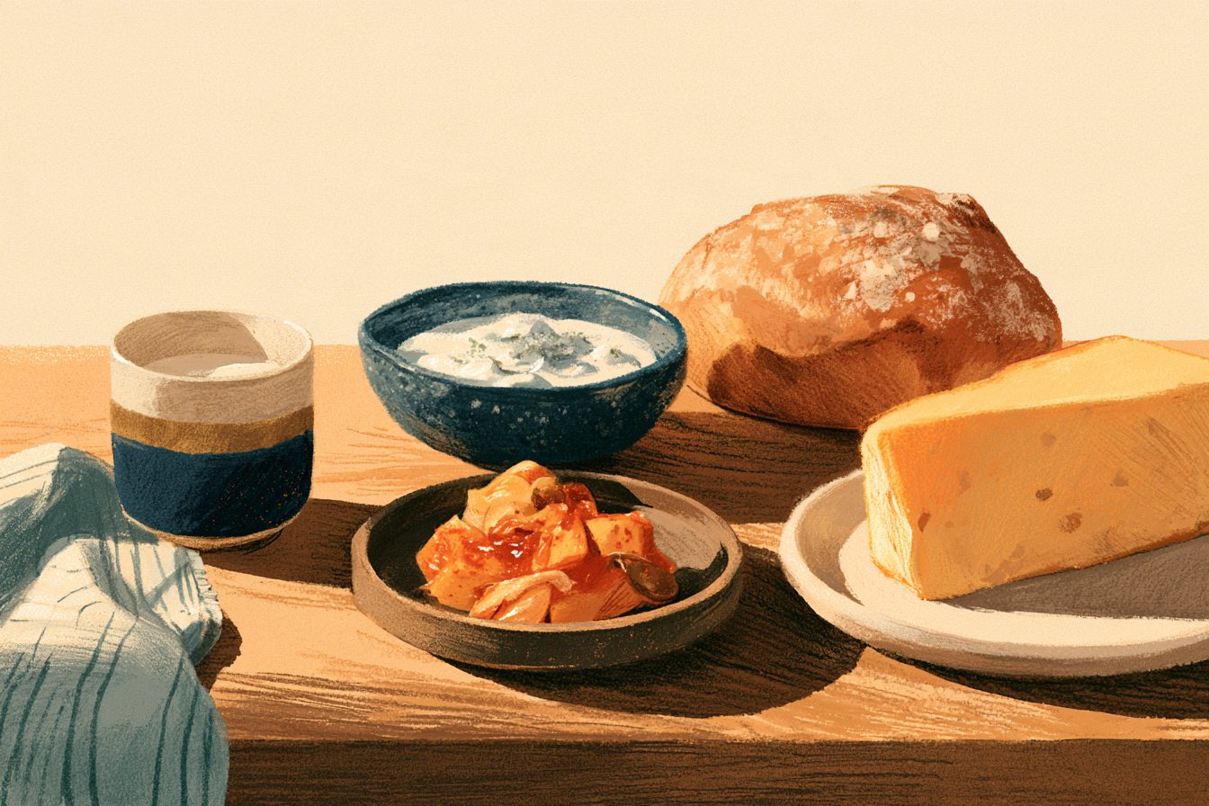김치와 요구르트와 빵이 놓인 식탁