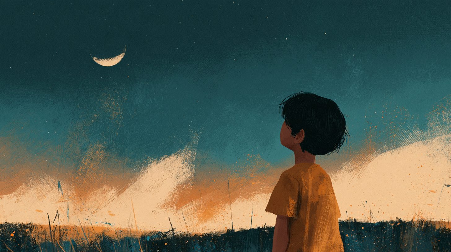 밤하늘의 달을 올려다보는 아이