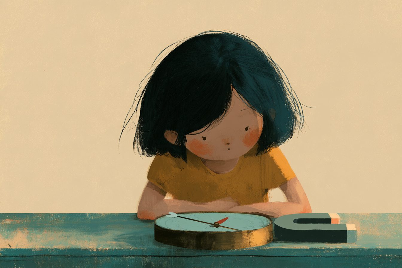 나침반 옆에 막대자석을 놓고 바늘을 보는 아이
