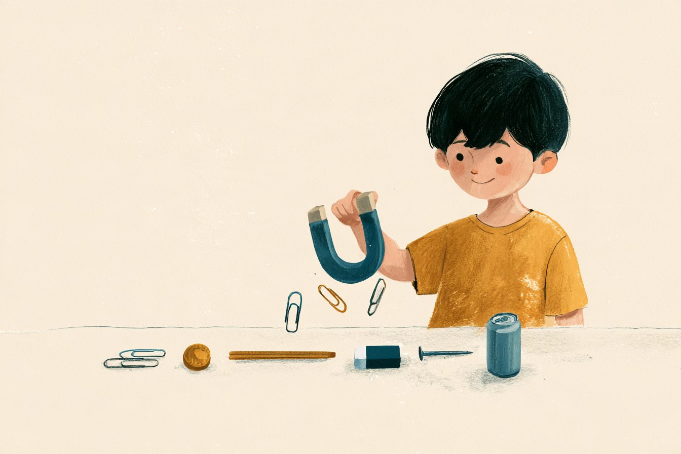 자석 뒤에 여러 물건을 대 보는 아이