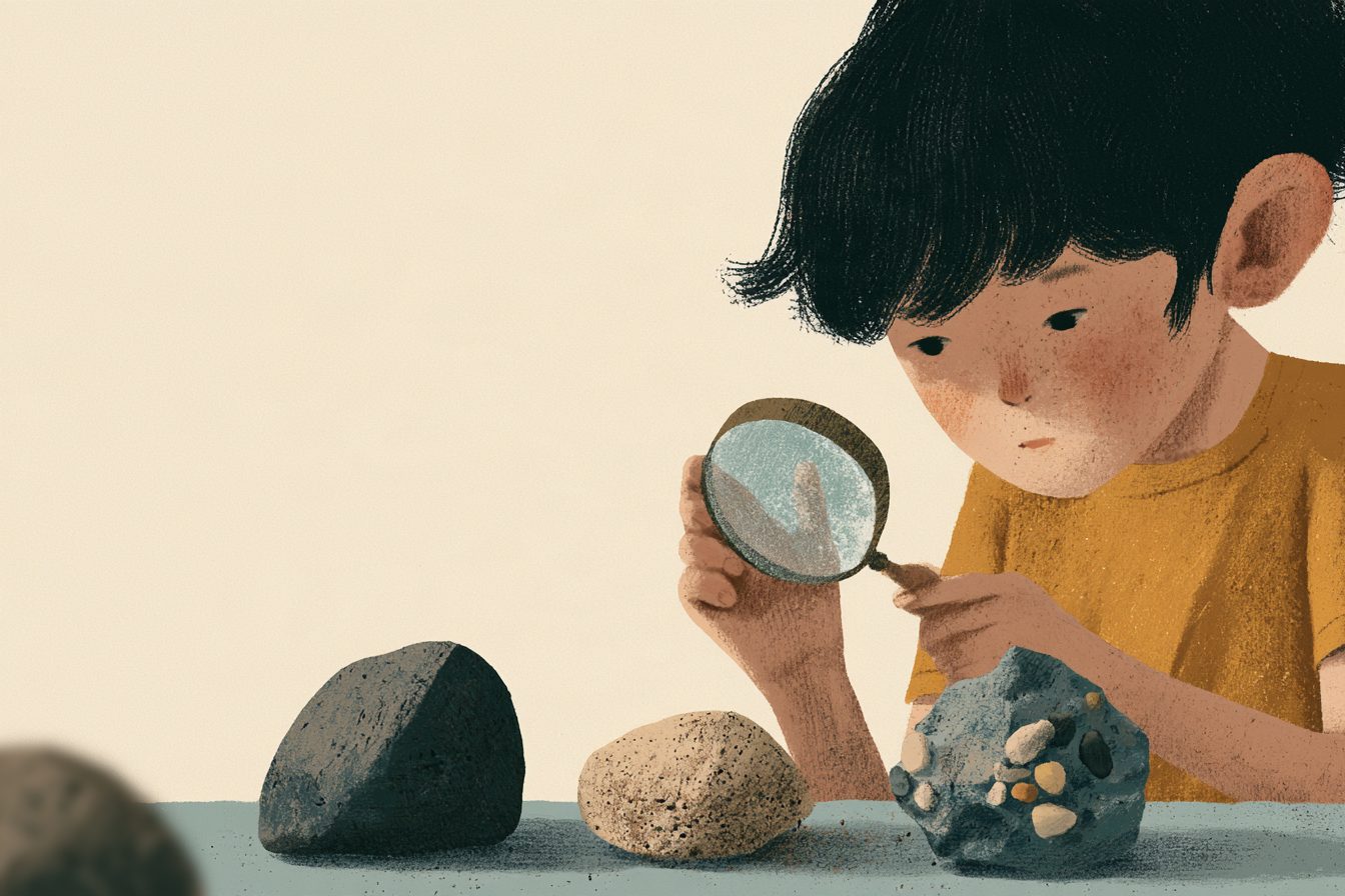 돋보기로 돌을 들여다보는 아이