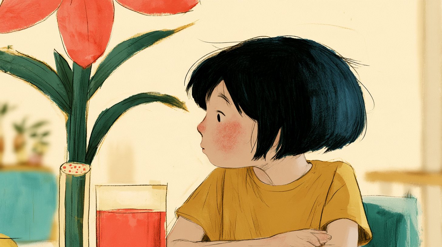 붉게 물든 백합 줄기를 잘라 보는 아이