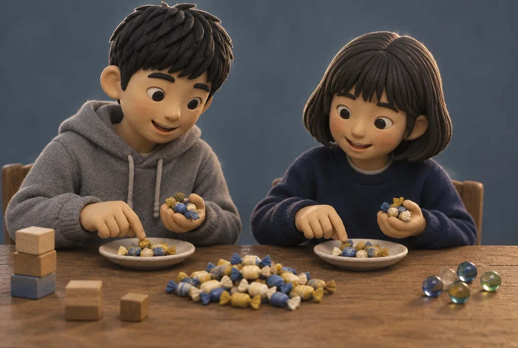 Two students sharing candies equally onto plates