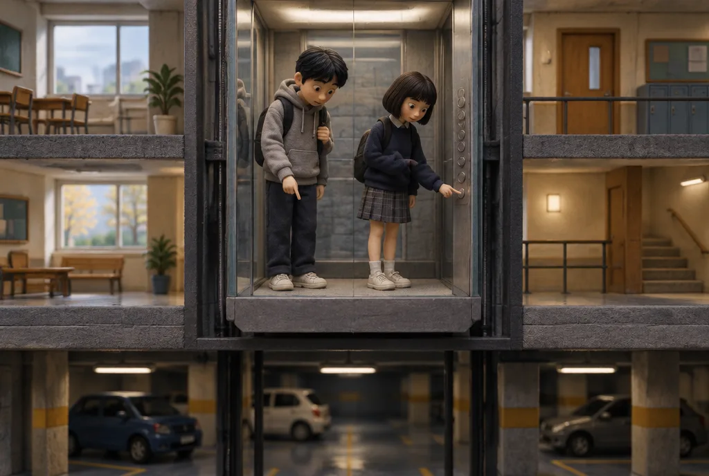 A model building with a lift running between floors above and below ground