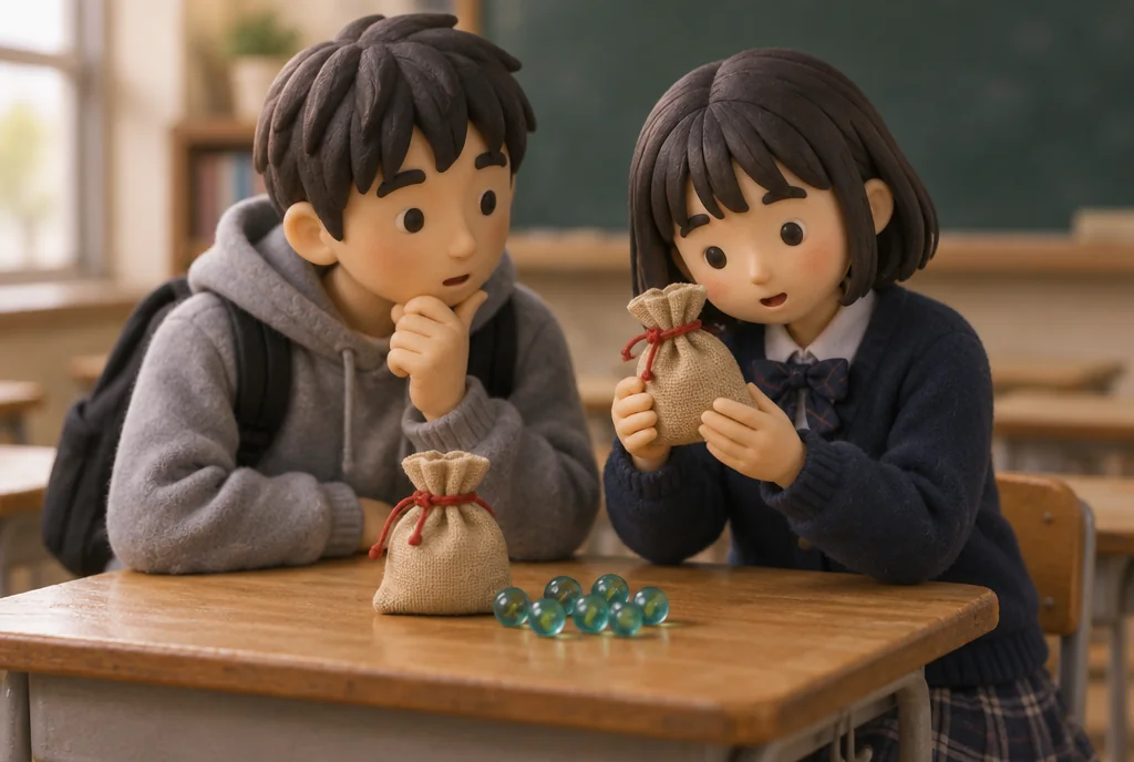 Two students looking at pouches and marbles on a desk
