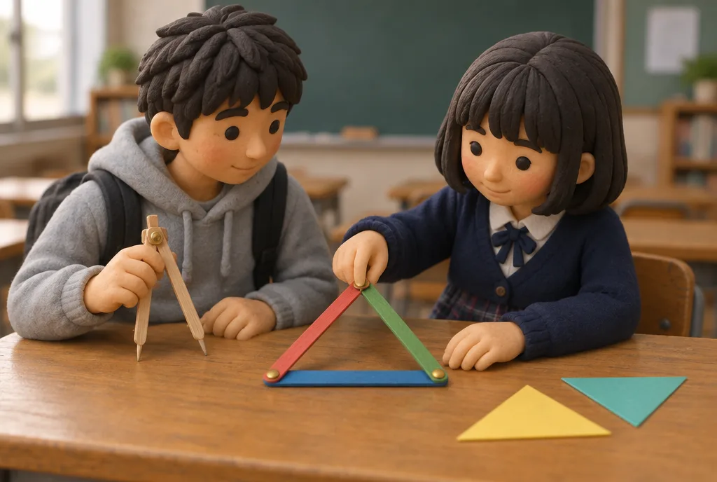 색 막대 셋을 핀으로 이어 삼각형을 만드는 두 학생
