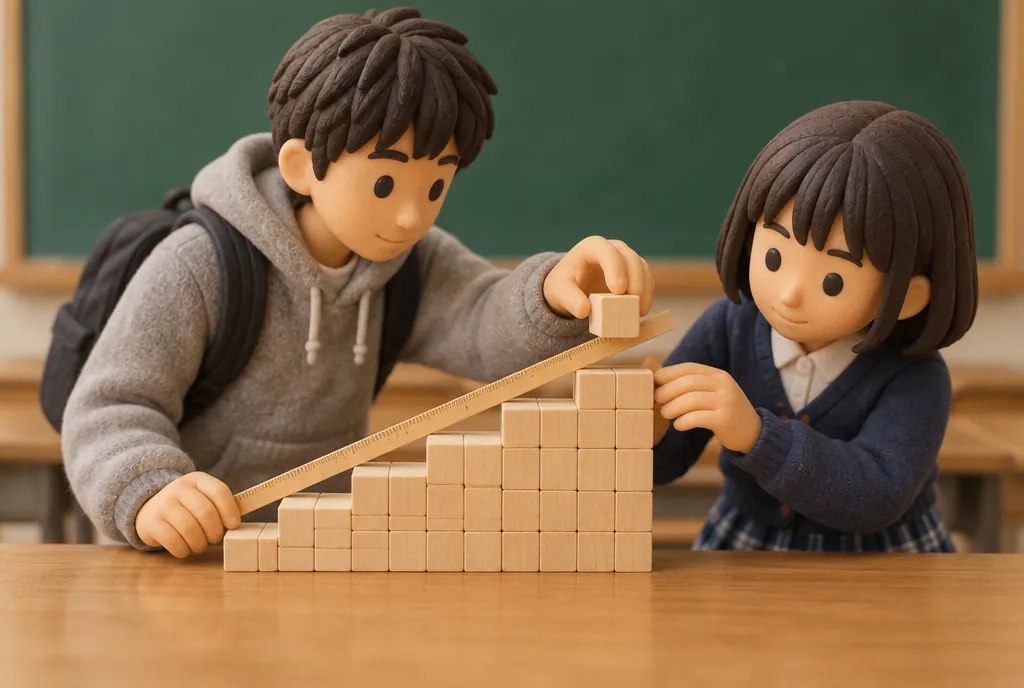 Two students building an even staircase of wooden blocks and laying a ruler along it at a slant
