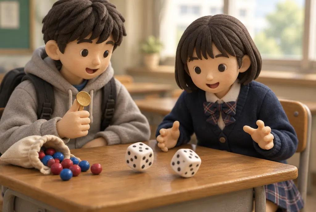 Two students at a classroom desk rolling two dice and about to flip a coin, a bag of marbles beside them