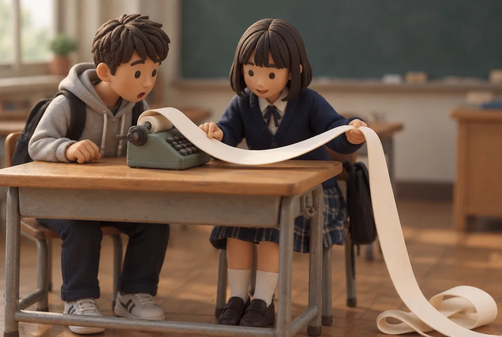 Two students pulling an endless paper tape out of an adding machine