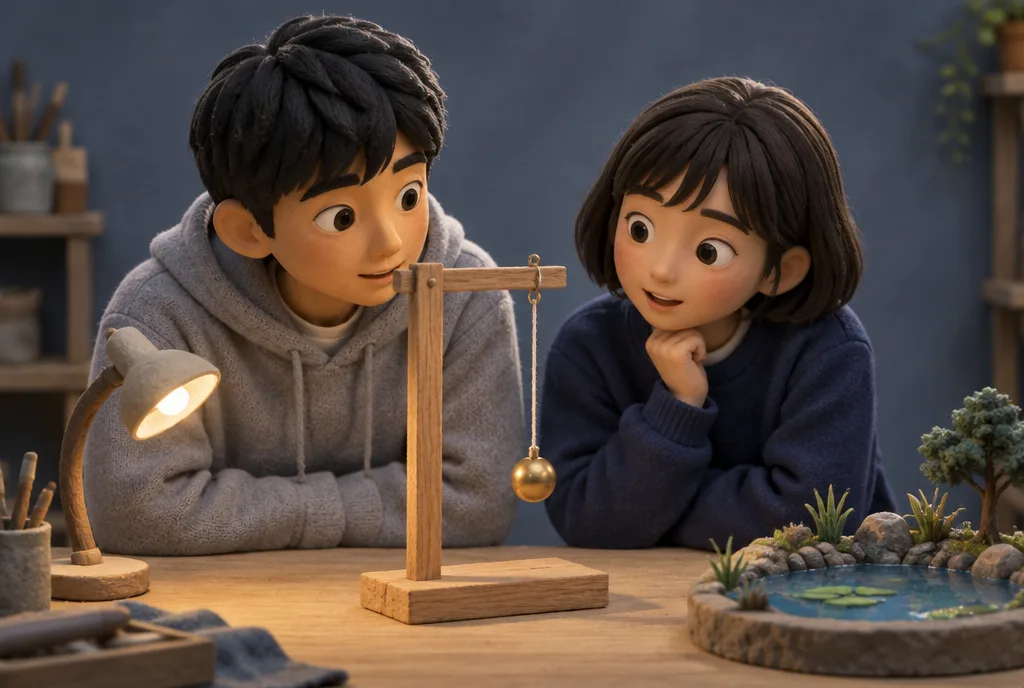 Two students looking closely at a pendulum on a workbench