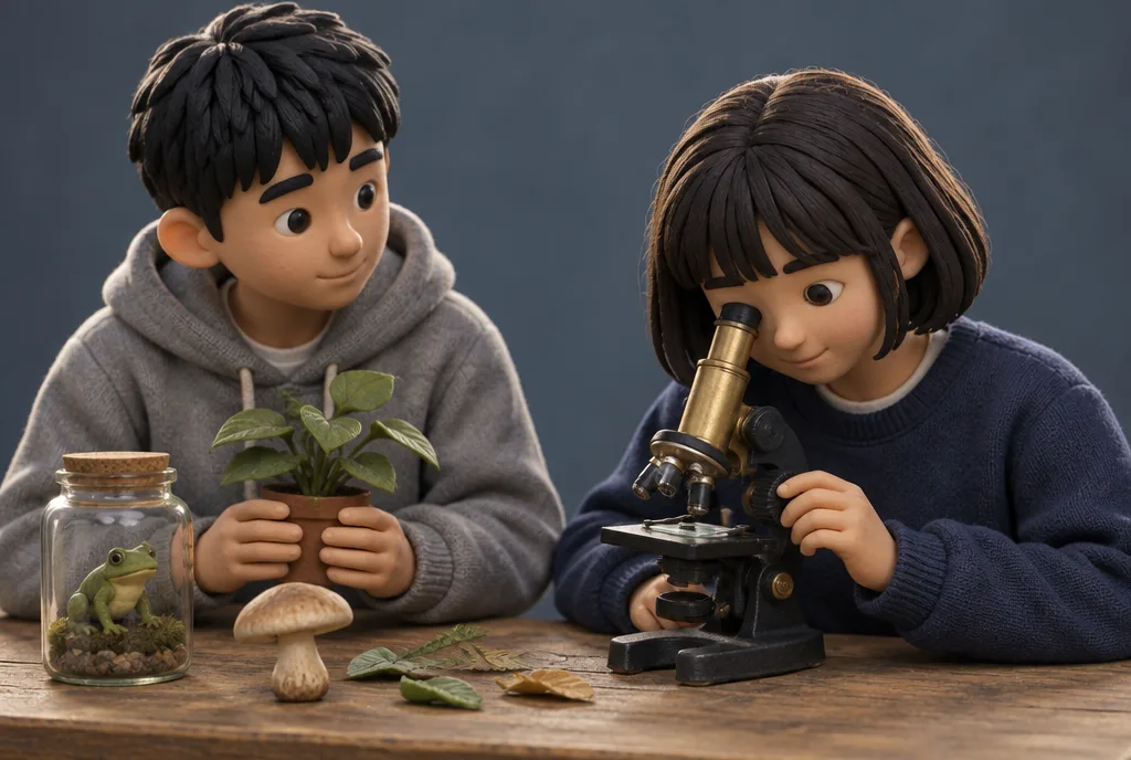 One student looking into a microscope and another holding a potted plant