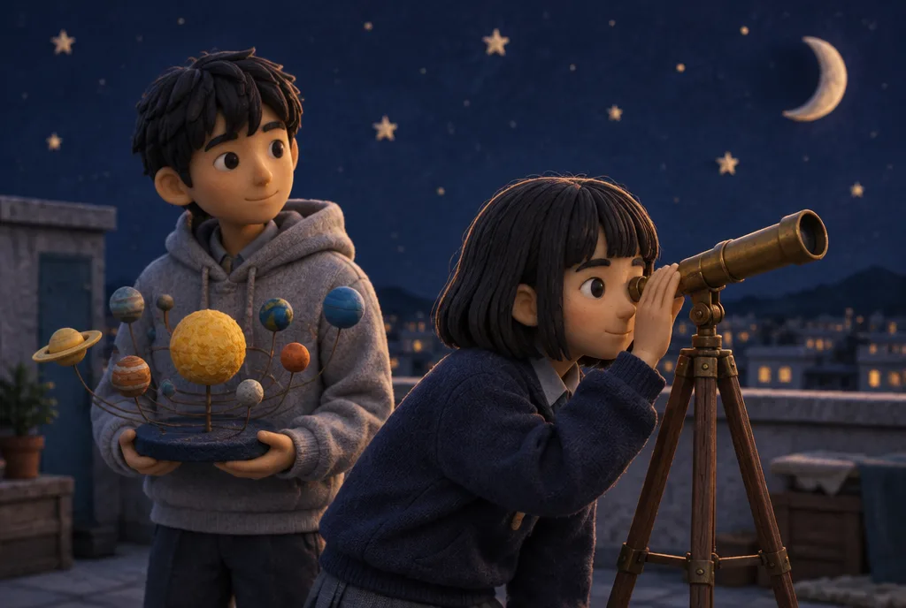On a rooftop, one student at a telescope and another holding a model of the solar system