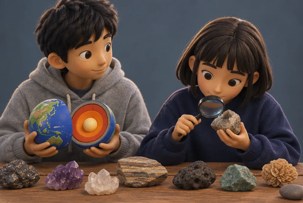 One student studying a rock with a magnifying glass and another holding a model of the Earth cut in half