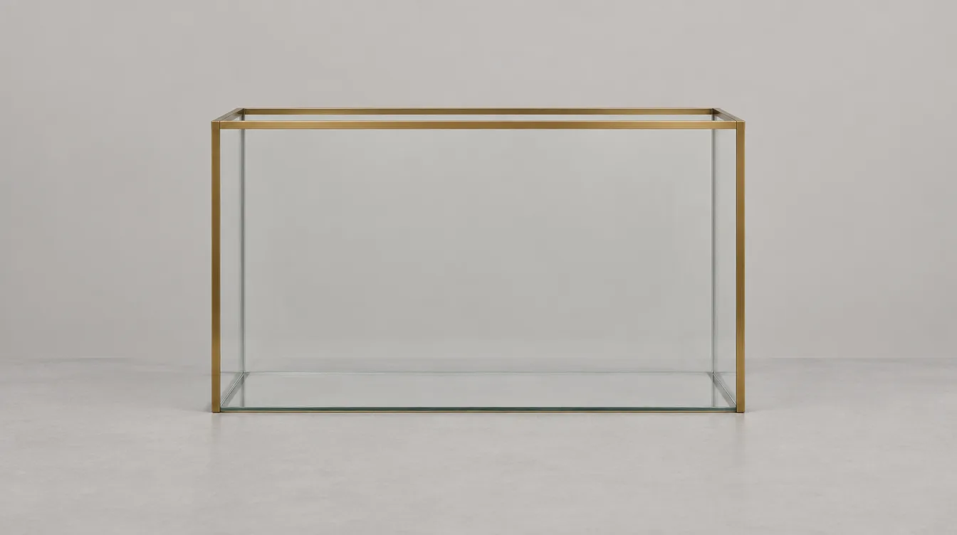 An empty glass tank on a grey table