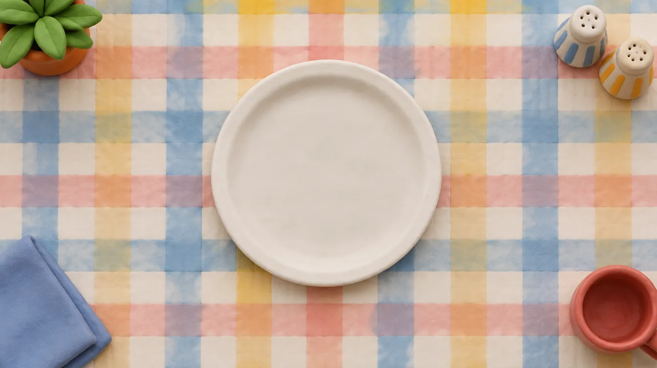 An empty plate on a checked tablecloth