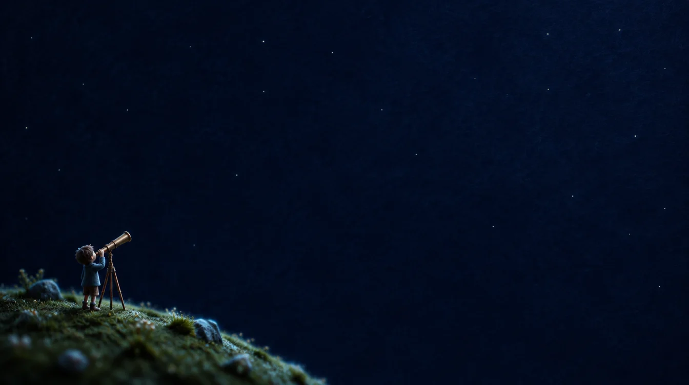 A model of a child on a hill, looking through a telescope under the night sky